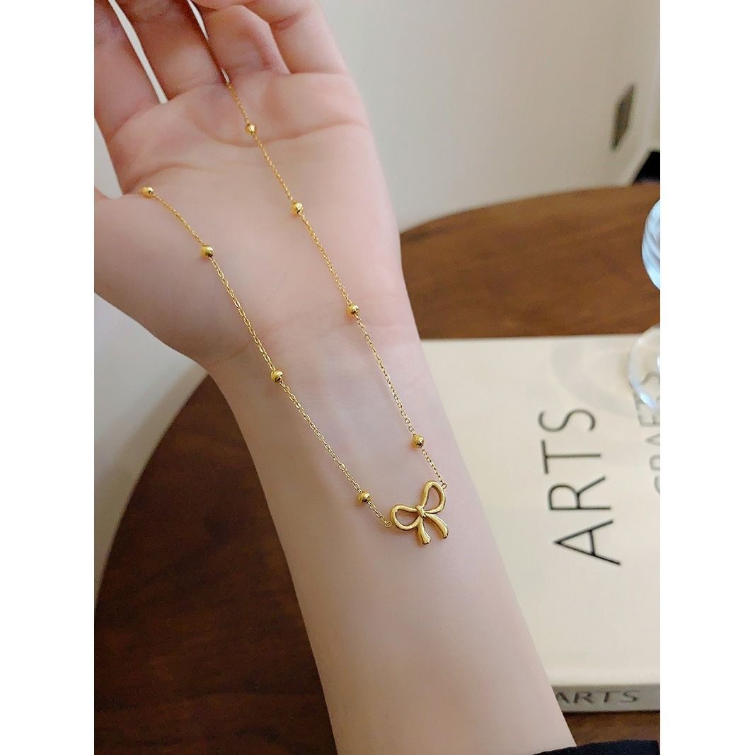 Titanium Steel Non Fading Cute Hollow Bow Pendant Necklace
