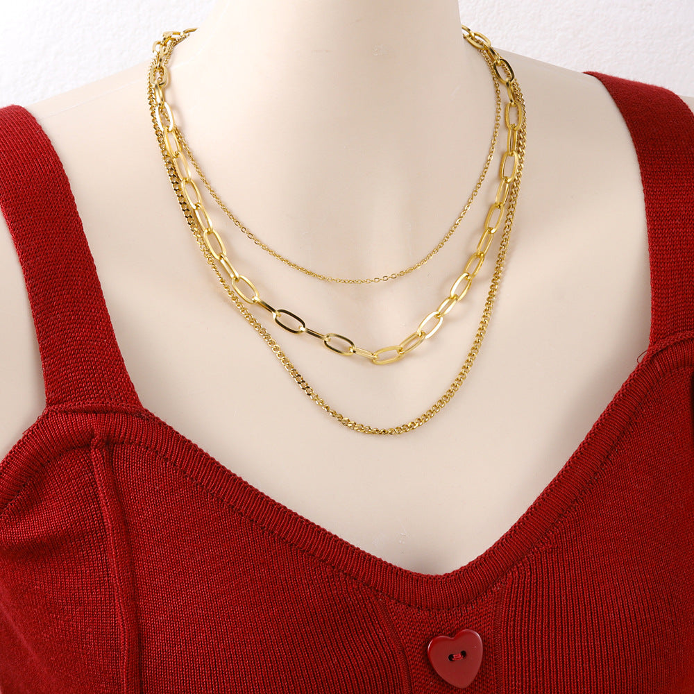 Retro 18K Gold Multi-Layer Titanium Steel Chain For Women